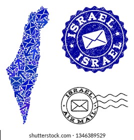 Post combination of blue mosaic map of Israel and rubber stamps. Vector watermarks with grunge rubber texture with Airmail text and envelope symbols. Flat design for letters traffic illustrations.