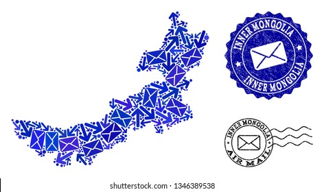 Post combination of blue mosaic map of Inner Mongolia and scratched stamp seals. Vector watermarks with scratched rubber texture with Airmail slogan and envelope symbols.