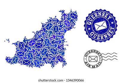 Post combination of blue mosaic map of Guernsey Island and unclean seals. Vector imprints with corroded rubber texture with Airmail slogan and envelope symbols. Flat design for post traffic posters.