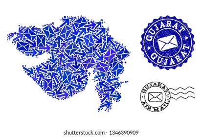Post combination of blue mosaic map of Gujarat State and unclean stamp seals. Vector seals with distress rubber texture with Airmail text and envelope symbols. Flat design for post routes posters.