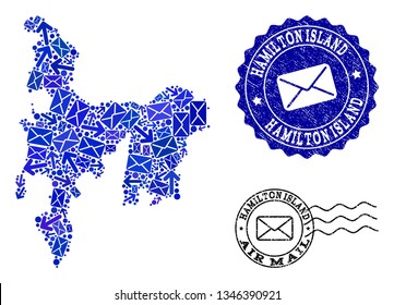 Post combination of blue mosaic map of Hamilton Island and corroded stamp seals. Vector seals with distress rubber texture with Airmail caption and envelope symbols.