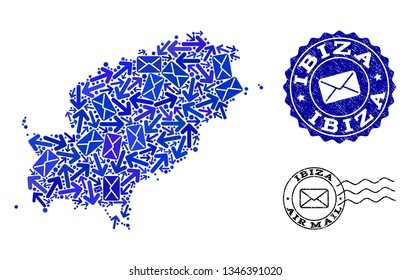 Post combination of blue mosaic map of Ibiza Island and textured seals. Vector seals with unclean rubber texture with Airmail text and envelope symbols. Flat design for post delivery posters.