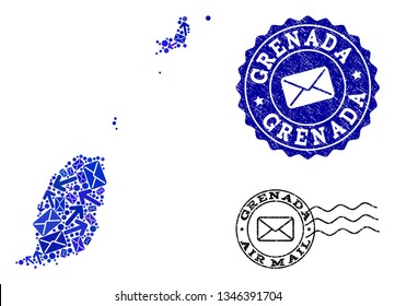 Post combination of blue mosaic map of Grenada Islands and grunge seals. Vector seals with unclean rubber texture with Airmail slogan and envelope symbols.