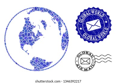 Post combination of blue mosaic map of global world and scratched seals. Vector seals with scratched rubber texture with Airmail title and envelope symbols. Flat design for messages routes templates.