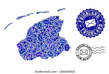 Post combination of blue mosaic map of Friesland Province and grunge seals. Vector seals with grunge rubber texture with Airmail slogan and envelope symbols.