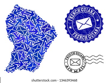 Post combination of blue mosaic map of French Guiana and corroded stamp seals. Vector seals with corroded rubber texture with Airmail title and envelope symbols. Flat design for post movement posters.