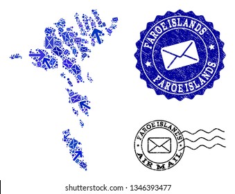 Post combination of blue mosaic map of Faroe Islands and rubber stamp seals. Vector seals with corroded rubber texture with Airmail caption and envelope symbols.