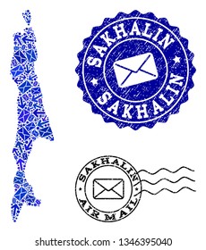 Post combination of blue mosaic map of Sakhalin Island and rubber stamp seals. Vector seals with grunge rubber texture with Airmail title and envelope symbols. Flat design for mail ways purposes.