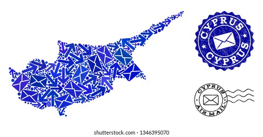Post combination of blue mosaic map of Cyprus Island and textured stamp seals. Vector seals with grunge rubber texture with Airmail title and envelope symbols.
