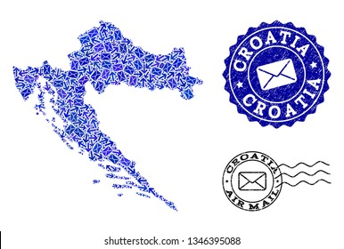 Post combination of blue mosaic map of Croatia and corroded stamp seals. Vector seals with grunge rubber texture with Airmail caption and envelope symbols. Flat design for post traffic purposes.