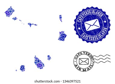 Post combination of blue mosaic map of Cape Verde Islands and corroded seals. Vector seals with scratched rubber texture with Airmail caption and envelope symbols.