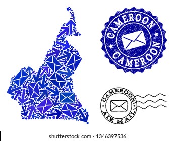 Post combination of blue mosaic map of Cameroon and grunge stamp seals. Vector seals with distress rubber texture with Airmail text and envelope symbols. Flat design for letters ways posters.