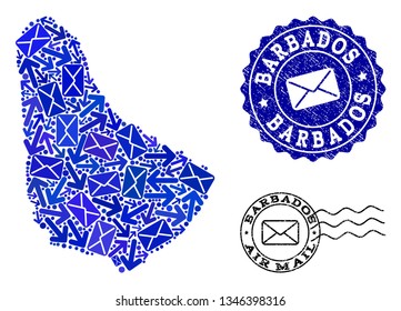 Post combination of blue mosaic map of Barbados and unclean stamp seals. Vector seals with corroded rubber texture with Airmail slogan and envelope symbols. Flat design for post routes purposes.