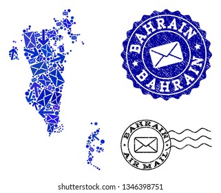 Post combination of blue mosaic map of Bahrain and corroded stamps. Vector imprints with corroded rubber texture with Airmail slogan and envelope symbols. Flat design for post ways posters.