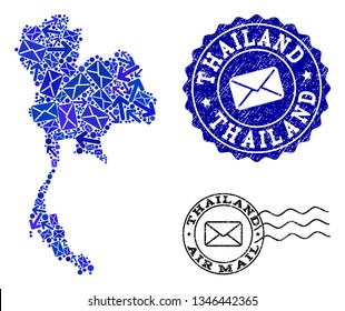 Post combination of blue mosaic map of Thailand and unclean stamp seals. Vector seals with unclean rubber texture with Airmail caption and envelope symbols. Flat design for post routes purposes.