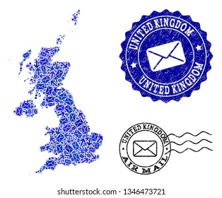 Post combination of blue mosaic map of United Kingdom and rubber seals. Vector seals with unclean rubber texture with Airmail caption and envelope symbols. Flat design for post delivery posters.