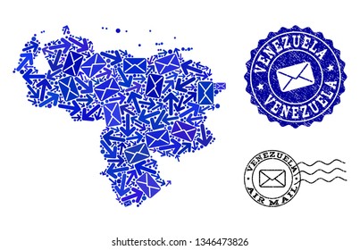 Post combination of blue mosaic map of Venezuela and grunge stamp seals. Vector seals with unclean rubber texture with Airmail text and envelope symbols. Flat design for post ways illustrations.