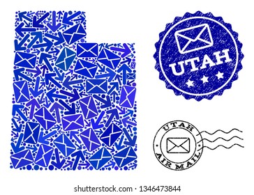 Post combination of blue mosaic map of Utah State and textured stamp seals. Vector seals with unclean rubber texture with Airmail caption and envelope symbols. Flat design for post routes templates.
