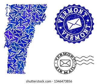 Post combination of blue mosaic map of Vermont State and corroded seals. Vector watermarks with grunge rubber texture with Airmail title and envelope symbols.