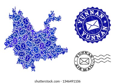 Post combination of blue mosaic map of Yunnan Province and dirty stamp seals. Vector seals with grunge rubber texture with Airmail slogan and envelope symbols.