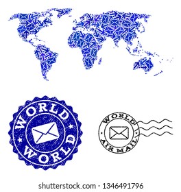 Post combination of blue mosaic map of world and scratched stamps. Vector seals with scratched rubber texture with Airmail title and envelope symbols. Flat design for post delivery purposes.