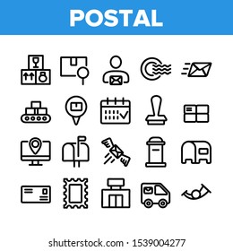 Post Company Collection Elements Icons Set Vector Thin Line. Postal Office And Message, Mail Box And Truck, Box And Calendar, Postal Service Concept Linear Pictograms. Monochrome Contour Illustrations