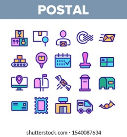Post Company Collection Elements Icons Set Vector Thin Line. Postal Office And Message, Mail Box And Truck, Box And Calendar, Postal Service Concept Linear Pictograms. Color Contour Illustrations