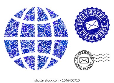 Post composition of blue mosaic globe and scratched stamps. Vector seals with scratched rubber texture with Airmail caption and envelope symbols. Flat design for post traffic illustrations.