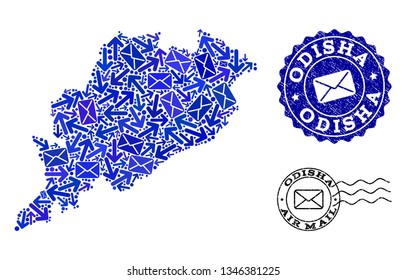 Post composition of blue mosaic map of Odisha State and rubber stamp seals. Vector seals with grunge rubber texture with Airmail slogan and envelope symbols.