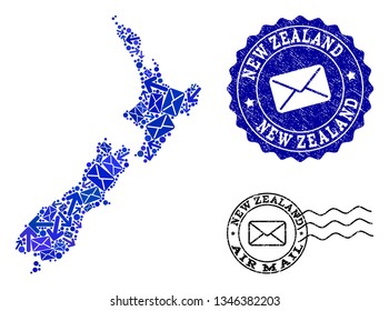 Post composition of blue mosaic map of New Zealand and rubber stamp seals. Vector imprints with corroded rubber texture with Airmail caption and envelope symbols.
