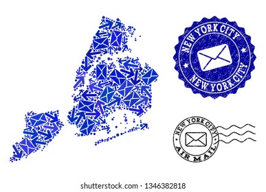 Post composition of blue mosaic map of New York City and rubber stamps. Vector seals with grunge rubber texture with Airmail text and envelope symbols. Flat design for post pathways illustrations.