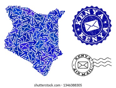 Post composition of blue mosaic map of Kenya and rubber stamps. Vector watermarks with distress rubber texture with Airmail caption and envelope symbols. Flat design for post delivery illustrations.