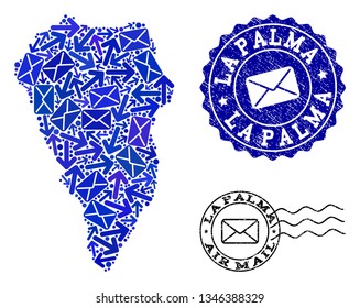 Post composition of blue mosaic map of La Palma Island and rubber stamp seals. Vector seals with corroded rubber texture with Airmail text and envelope symbols.