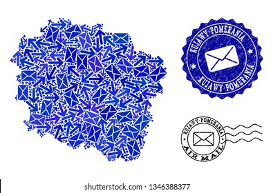 Post composition of blue mosaic map of Kujawy-Pomerania Province and unclean stamp seals. Vector seals with grunge rubber texture with Airmail title and envelope symbols.