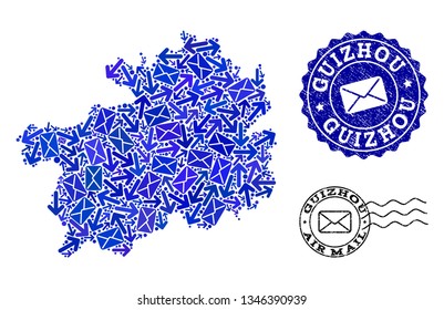 Post composition of blue mosaic map of Guizhou Province and scratched seals. Vector seals with scratched rubber texture with Airmail slogan and envelope symbols.