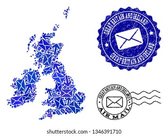 Post composition of blue mosaic map of Great Britain and Ireland and dirty stamp seals. Vector seals with corroded rubber texture with Airmail title and envelope symbols.
