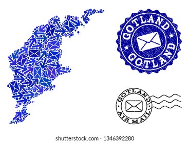 Post composition of blue mosaic map of Gotland Island and grunge stamp seals. Vector seals with corroded rubber texture with Airmail slogan and envelope symbols.