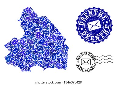 Post composition of blue mosaic map of Drenthe Province and rubber stamp seals. Vector seals with corroded rubber texture with Airmail text and envelope symbols.