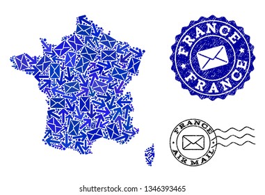 Post composition of blue mosaic map of France and corroded stamps. Vector watermarks with corroded rubber texture with Airmail slogan and envelope symbols.