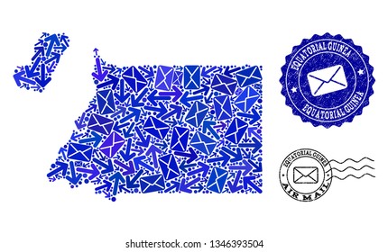 Post composition of blue mosaic map of Equatorial Guinea and unclean seals. Vector seals with unclean rubber texture with Airmail text and envelope symbols.