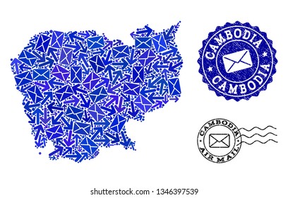 Post composition of blue mosaic map of Cambodia and unclean seals. Vector seals with unclean rubber texture with Airmail slogan and envelope symbols. Flat design for messages motion purposes.