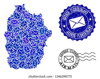 Post composition of blue mosaic map of Azores - Flores Island and corroded stamp seals. Vector seals with distress rubber texture with Airmail caption and envelope symbols.