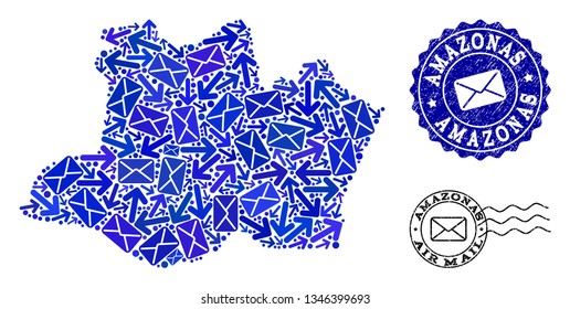 Post composition of blue mosaic map of Amazonas State and corroded stamp seals. Vector seals with corroded rubber texture with Airmail title and envelope symbols.