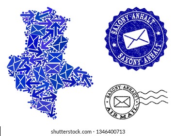 Post composition of blue mosaic map of Saxony-Anhalt State and grunge stamp seals. Vector seals with grunge rubber texture with Airmail title and envelope symbols.