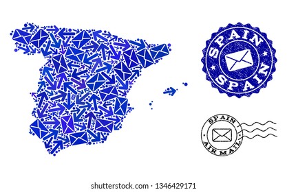 Post composition of blue mosaic map of Spain and rubber seals. Vector seals with corroded rubber texture with Airmail text and envelope symbols. Flat design for post ways posters.