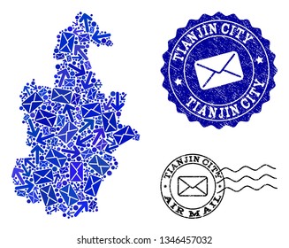 Post composition of blue mosaic map of Tianjin Municipality and rubber stamps. Vector watermarks with corroded rubber texture with Airmail title and envelope symbols.