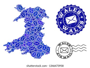 Post composition of blue mosaic map of Wales and rubber stamp seals. Vector imprints with scratched rubber texture with Airmail text and envelope symbols. Flat design for post movement templates.