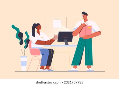 Post concept with people scene in the flat cartoon style. The man received a box in the post. Vector illustration.