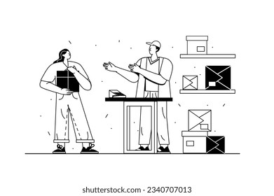 Post concept with people scene in the flat line cartoon design. The girl came to the post office to send a large package. Vector illustration.
