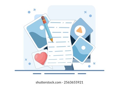 Post concept for web page, Blogger, Blog content, Blogging, banner, presentation, social media, document, card, poster. Commercial blog post, Internet, Make You Satisfied. Flat vector illustration.